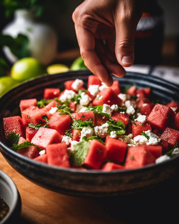 salad with watermelon feta cheese lemon and balsamic sauce : Generative AIの素材