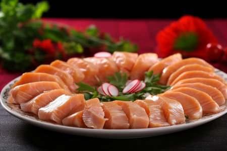 thin slices of freshsalmon fillet on a plate : Generative AIの素材