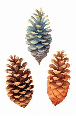 yellow green blue and red set of pine cones isolated on white background : Generative AIの素材