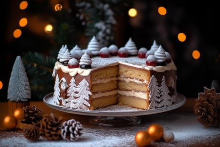 sweet cake with fruits on the Christmas arrangement with sleds and snow : Generative AIの素材
