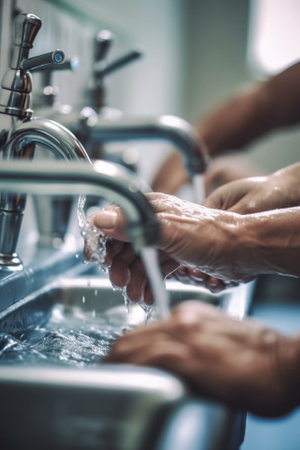 Adult handsome doctor in medical blue smock and cap washing hands in the sink Copy space : Generative AIの素材