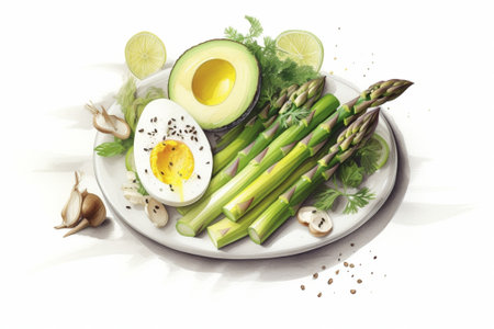 Avocado salad with chicken fillet and poached cutted egg on white plate on white table : Generative AIの素材