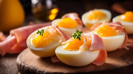 Breakfast Easter eggs and cut ham sausages : Generative AIの素材