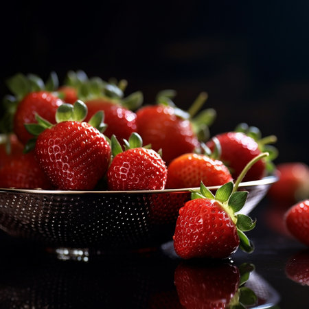 Appetizing ripe strawberries in white colander standing under pouring water in a sink Macro photography : Generative AIの素材