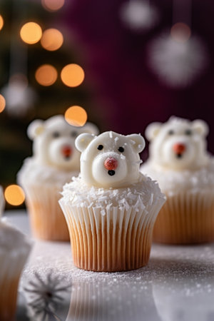 A group of cupcakes decorated with sugar Santa Claus and fir on the Christmas background : Generative AIの素材