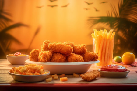 Big dish with chicken snacks and carrot on distribution desk in restaurant : Generative AIの素材