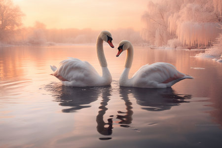 Beautiful birds swans ducks swim in the frozen river Danube in winter season : Generative AIの素材