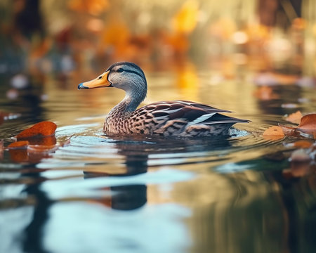 Birds and animals in wildlife Amazing mallard duck swims in lake or river with blue water under sunlight landscape Duck bird swim in water Duck bird under sunlight Duck b : Generative AIの素材