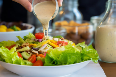 Cooks hands in white uniform with black medical gloves pouring the salad dressing : Generative AIの素材