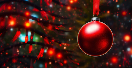 Closeup of red bauble hanging from a decorated Christmas tree : Generative AIの素材