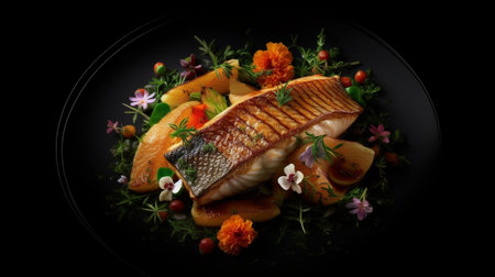 Chile Sea Bass black sea bass served with Black Risotto Herbs Vegetables and Squid : Generative AIの素材