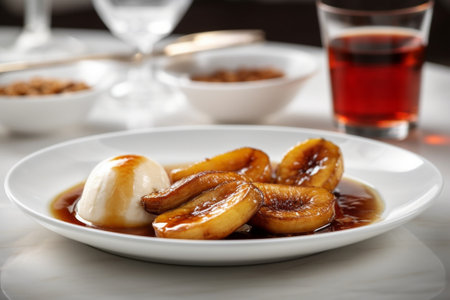 Caramelized bananas in an aluminum pan with ice cream : Generative AIの素材