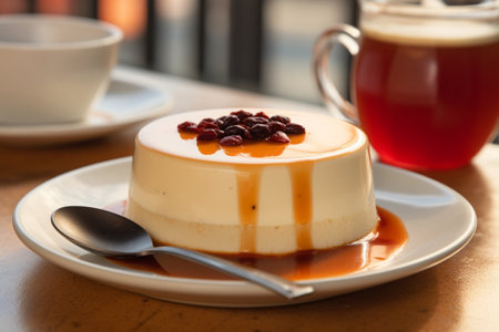Cottage cheese casserole with sour cream cheesecakes with cherry jam and white cup of black coffee and fork and spoon and striped napkin : Generative AIの素材