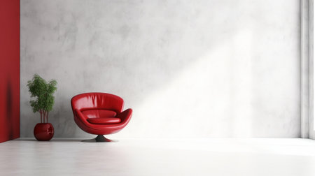 Modern Red Velvet Armchair With Ottoman In White Wall Interior Room : Generative AIの素材