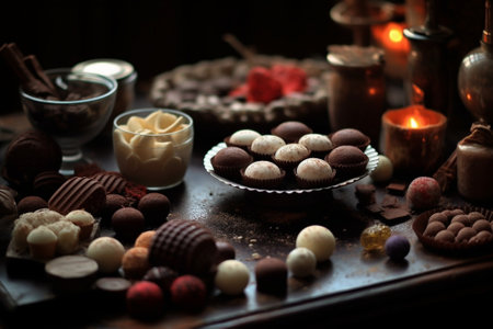 Delicious chocolate candies on table : Generative AIの素材