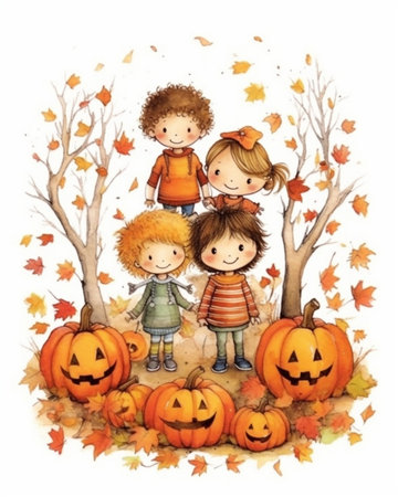 Five young cute kids in orange and black autumn hoodie posing against yellow tree on the glade : Generative AIの素材