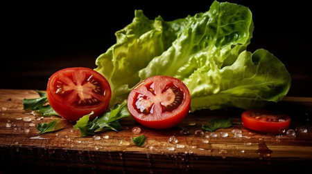 Fresh red tomatoes on the wood and the green salad leaves : Generative AIの素材