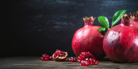 Fresh pomegranates on wooden table : Generative AIの素材