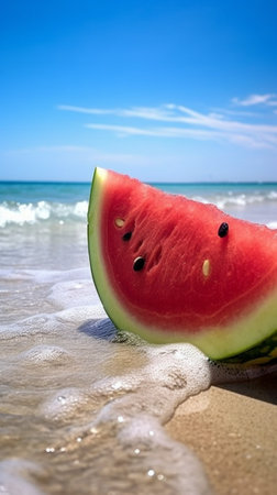 Juicy slice of watermelon against natural background on the beach : Generative AIの素材