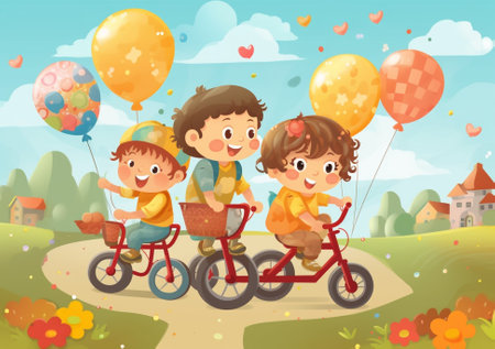 Five toddlers in coloured dresses playing in red cart in the summer park : Generative AIの素材