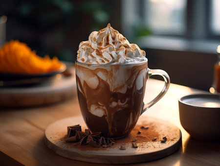 Cup of espresso coffee with chocolate and whipped cream on wooden table : Generative AIの素材