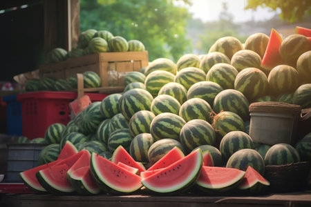 Heap of watermelon at farmers market : Generative AIの素材