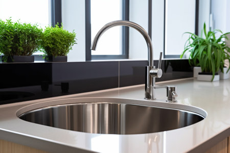 Modern kitchen interior with sink and faucet : Generative AIの素材
