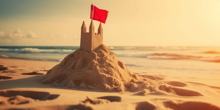 Sand castle on the sea coast shooter during sunset Summertime concept Copy space : Generative AIの素材