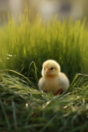 Little chicken and egg on the grass : Generative AIの素材