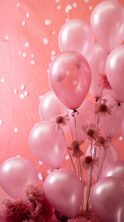 Decoration balloons and flowers on pink background : Generative AIの素材