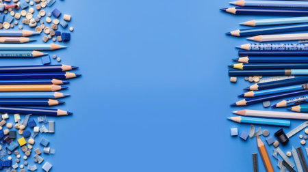 School supplies on the blue background with copy space Back to school : Generative AIの素材