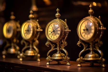 Retro clocks with hands at five to twelve standing on a table near the red glass and garland Copy space : Generative AIの素材