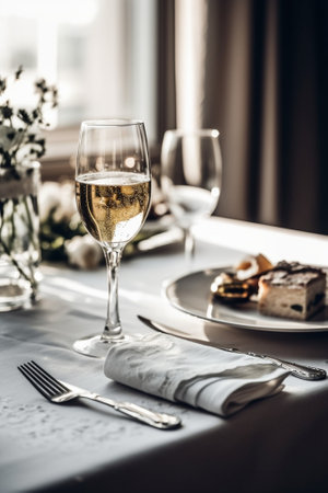 Lunch tablecloth with food and glasses of white wine with tea set in the restaurant Focus is at the glass : Generative AIの素材