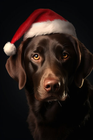 Portrait of black young Labrador retriever in Santas cap against white background with Christmas wreath Copy space : Generative AIの素材
