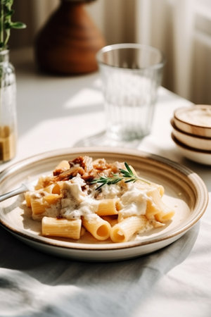Penne pasta in cheese sauce with bacon on a wooden background : Generative AIの素材