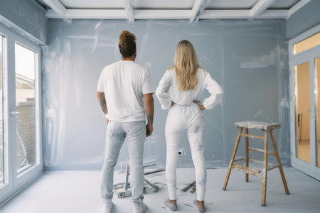 Happy couple in white shirts jeans and red squared shirts posing with brushes in empty room Copy space Home improvement concept Focus is at the man : Generative AIの素材