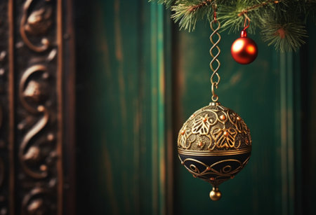 Red and gold Christmas ball on Christmas tree with light bulb on wooden wall background : Generative AIの素材