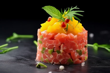 Tartare of salmon Fresh salad served on black stone plate Dieting organic food concept : Generative AIの素材
