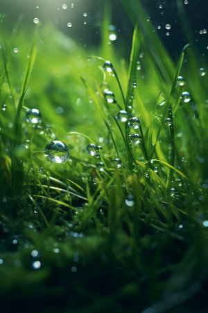 background of dew drops on bright green grass : Generative AIの素材