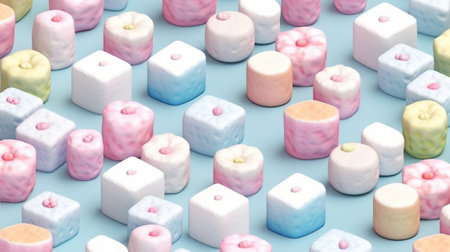 Marshmallows in pastel colors arranged in a pattern on a white background Copy space : Generative AIの素材