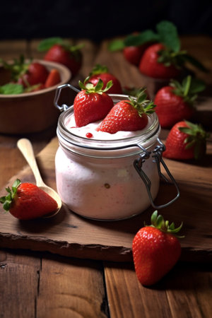 Thermostatic homemade yogurt yogurt in a glass jar with strawberries and jam on the yellow background with copy space : Generative AIの素材