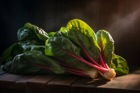 Raw mangold on wooden backgound Garden fresh Swiss chard silverbeet leaves : Generative AIの素材