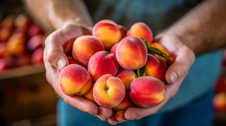 Womans hands holding harvest of fresh apples plumps and peaches grouped in a wooden box Copy space : Generative AIの素材