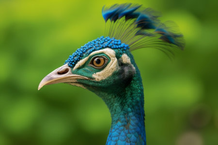 Peacock head on green background : Generative AIの素材