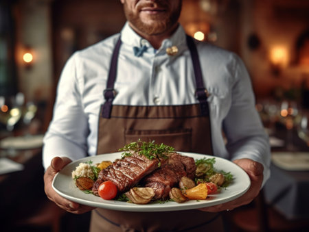 Waiter holding Viennese Schnitzel with fried potatoes rosemary and ketchup in the restaurant : Generative AIの素材