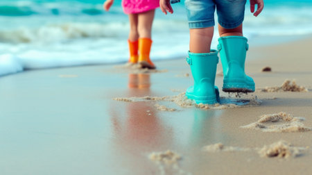 Two childrens feet in the sand : Generative AIの素材