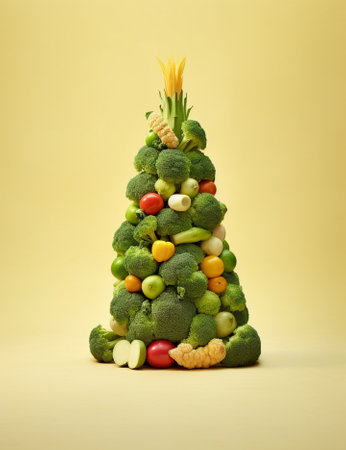 Vegetable salad with tomatoes cucumber and olives Christmas tree shape : Generative AIの素材