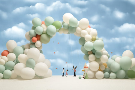 green balloons on blue sky with clouds of background : Generative AIの素材