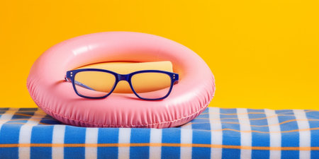 Smart blueeyed little boy in yellow diving goggles lying on Striped red and white beach towel and smiling happily Copy space : Generative AIの素材