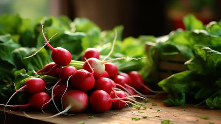 bunch of a red garden radish with green leaves on a green wooden background : Generative AIの素材